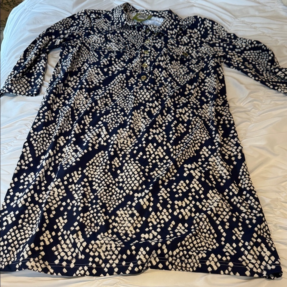 Elizabeth McKay Navy White Patterned Dress XL